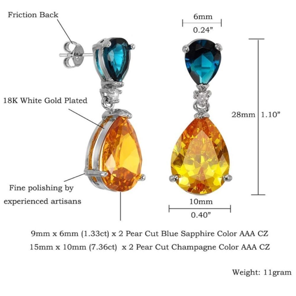 18K White Gold with Blue Sapphire and Yellow Champagne Cubic ZIrconia Earrings - Picture 5 of 6